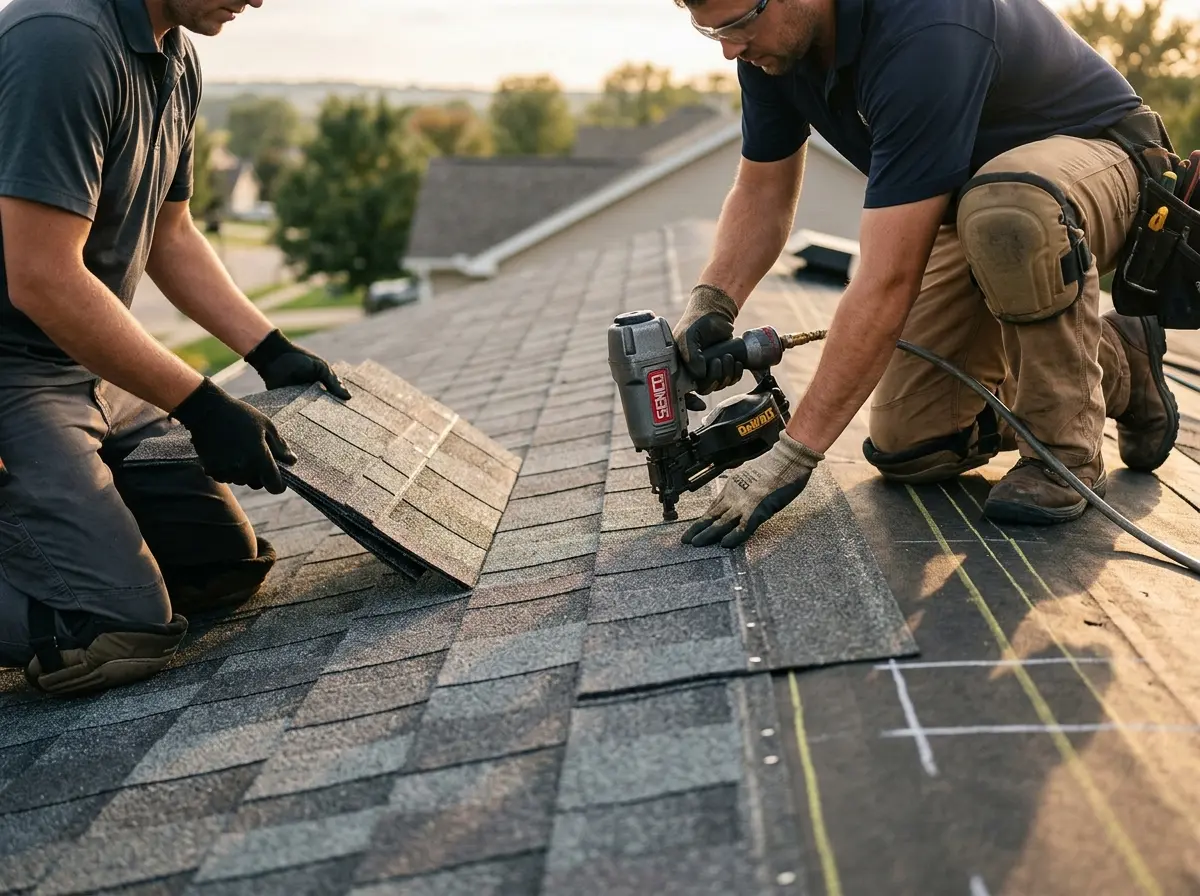 Professional roofer working on a residential roof in Garnet